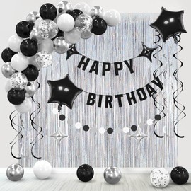Black Birthday Decorations for Men Women,Black White Birthday Party Decorations,Black Silvery Happy Birthday Balloons Arch for Boys Girls including Happy Birthday Banner,Foil Curtain,Hanging Swirl.