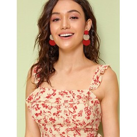 Red Statement Round Earrings Geometric Dangle Earrings Disc Coin Earrings Long Drop Earrings for Women(Red)