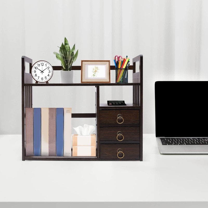 Bamboo Bookshelf, Desktop Organizer Office Desk Rack Storage Shelves, with
