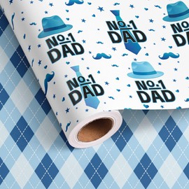 Vnaaem Reversible Father's Day Wrapping Paper Roll for Dad Men Gradpa - Blue Gift Wrap with Tie, Hat, Plaid Design for Holiday Supplies(Total 28.5sq.ft)