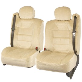 BDK Scottsdale Cloth 2-Pack Front Seat Covers for Pick-Up Trucks, Trucks, Vans with Integrated Seat Belt, Detachable Headrest Without Integrated Arm Rest- Beige