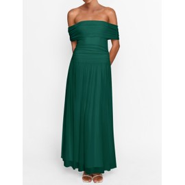 MASCOMODA Women Off The Shoulder Mesh Maxi Dress Bodycon Ruched Formal Sleeveless Pleated Cocktail Wedding Guest Long Dresses(Green,Small)