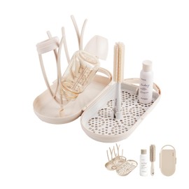 MOTHER-K Travel Baby Bottle Drying Rack Set - Baby Bottle Cleaner Kit with Mini Silicone Bottle Brush, Portable Bottle Drying Rack for Home and Travel (Cream)