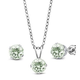 Gem Stone King 925 Sterling Silver Green Prasiolite Pendant and Earrings Jewelry Set | 2.85 Cttw | Round 6MM | With 18 Inch Silver Chain
