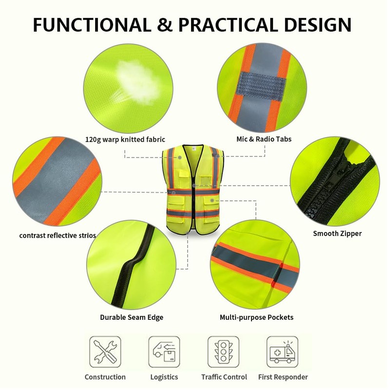 CCSOVO High Visibility Safety Vest with Zip Pockets, Reflective Work
