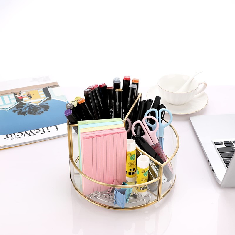 Hipiwe 360 Rotating Makeup Organizer 3-Slot Gold Glass Spinning Cosmetic