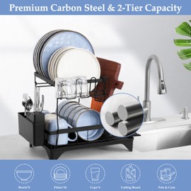 Herogo Dish Drying Racks, 2 Tiers Dish Drainers Racks with Drain Board for Kitchen Counter, Large Kitchenware Organizers with Cup, Cutting Board, Utensil Holder & Rotatable Spout, Detachable, Black