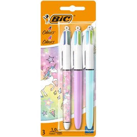 BIC 4 Colours Fun and Decors Ball Pens Medium Point (1.0 mm) - Fashion Ink and Barrels, Unicorn Design - Pack of 3, 999846