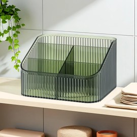 Organizador grande de maquillaje, caja de almacenamiento de maquillaje, organizador de cosméticos de 5 compartimentos, verde transparente, patrón de rayas elegante, soporte cosmético para cuidado de