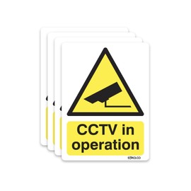 Pack of 4 CCTV camera in operation warning Sign, 5cm x 7cm, Static cling Window vinyl for Internal/External Use, Car, Van, Windows