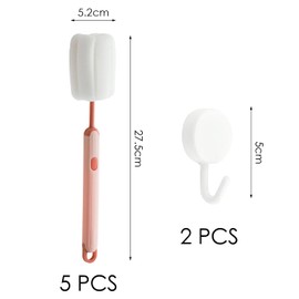 5 Pieces Long Handle Cup Brushes And 2 Pieces White Hooks, Sponge Brushes, Kitchen Supplies, Multi-Purpose Cleaning Tools.