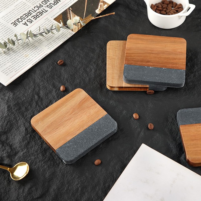 LiWiBet Acacia Wood Black Marble Coasters for Drinks Set of