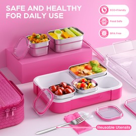 TIME4DEALS Stainless Steel Bento Lunch Box Kids Adult - Leakproof School Lunch Container with 5 Compartment and Lunch Bag Set for Toddler Child Bento Box (Pink)
