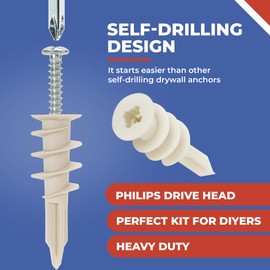 Toofix Self Drilling Drywall Anchor Kit - Wall Anchors and Screws for Drywall, Self Drilling Drywall Plastic Anchors with Screws, Drywall Anchors Self Drilling with Screws, 100 Pieces