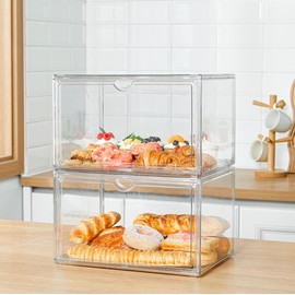 SANKEU 2 Pcs Bread Boxes for Kitchen Countertop, Large Bread Storage Container Stackable Bread Keeper for Bread, Bagel, Muffins