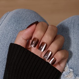 KQueenest Cat Eye Press On Nails Short Coffin, 30 Pcs Dark Brown Press On Nails Glitter, Sparkly Fake Nails With Glue, Glass Nails Press ons, Reusable Soft Gel Stick on Nail for Women Fall Winter