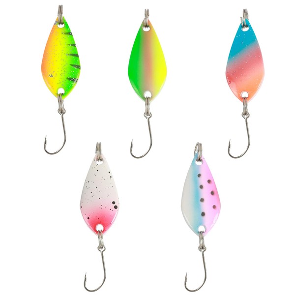 RTRTGS Pack of 5 trout baits, trout spoon set with storage box, 3.5 g spoon bait, spinner, trout fishing, spoon bait, single hook, sequin bait for pike, zander, perch
