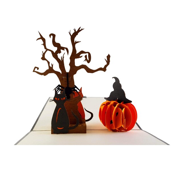 iGifts And Cards Halloween Black Cat and the Spooky Tree 3D Pop Up Greeting Card - Meow, Pumpkin, Spider Web, Spider, Jack-O-Lantern, Scary, Spooky, Half-Fold, Unique, Fun, Kitten, Special Occasion