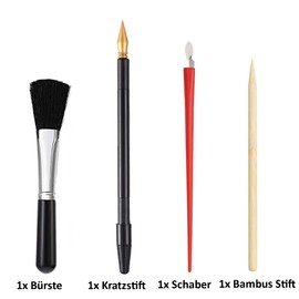 ShipeeKin 4-Piece Scratch Arts Tool Set for Scratch Paintings, 1x Gold-Plated Scratch Pen, 1x Scraper, 1x Bamboo Pen, 1x Soft Black Brush Included
