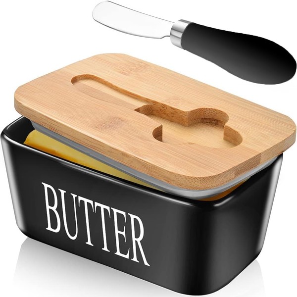 Ceramic Butter Dish with Lid and Knife Porcelain Butter Container with Butter Cutter Butter Knife Easy Spread Kitchen Accessories Tableware (Black)