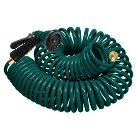 Coil Hose 50FT EVA Coil Garden Hose With 3/4'' Brass Connector Coiled Water Hose Lightweight And No Kink Includes 7 Patterns Spray Nozzle For Outdoors Lawn Watering Car Washing