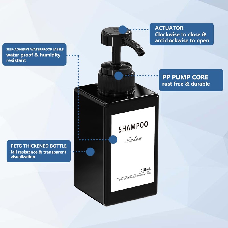 Anhow 3 x 450 ml Shampoo Bottles for Filling, PETG