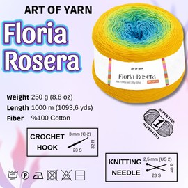 Art of Yarn Floria Rosera 100% Cotton Yarn - 250g (8.80oz), 1094 Yards - Vibrant Multicolor Rainbow Yarn for Crochet, Knitting, Amigurumi & Crafts - Ideal for Spring & Summer Projects 99310