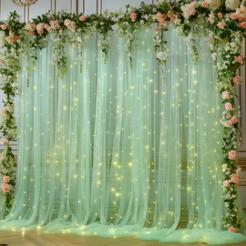10x10ft Olive Green Tulle Backdrop Curtain with Lights String for Parites, Sheer Backdrop Curtains for Wedding Baby Shower Birthday Party Photo Shoot Decorations