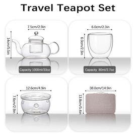 USEEKRIL Travel Glass Teapot Set,Complete Tea Infuser Kit with Leather Case,4 Insulated Glass Teacups&Tea Warmer,Teapot with Infuser for loose Tea,Blooming Flower,Tea Gift Set