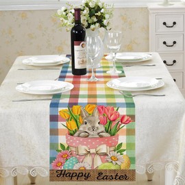 FairyPeach Easter table runner, Easter table runner, linen Easter table runner, table decoration for Easter, Easter egg Easter table decoration, Easter bunny decoration tablecloth (colour grid)