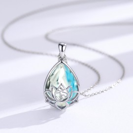MOPOPOK Lotus Necklace for Women S925 Sterling Silver Sobriety Blue Crystal Lotus Flower Necklace Healing Recovery Pendant Spiritual Jewelry Gifts for Mom Wife, 0.78*0.57 inch, Sterling Silver