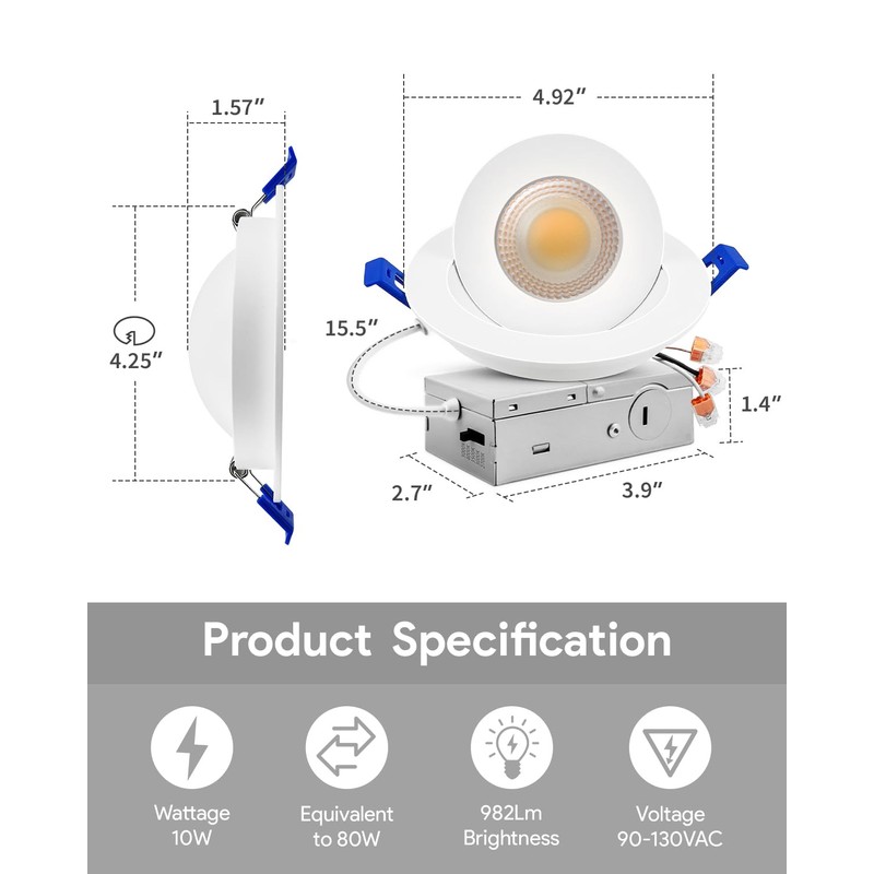 Adetu 4 inch 5CCT Gimbal Led Recessed Lights, 360°+90° Adjustable