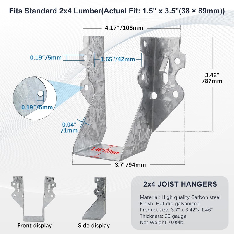 LukLoy 10 Pack 2x4 Joist Hanger 20 Gauge Galvanizing Face