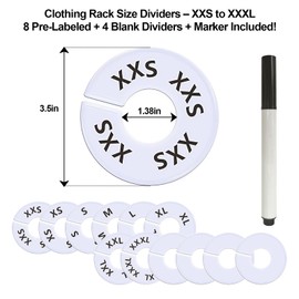13 Pcs Clothing Rack Size Dividers Round White Plastic Size Markers for Clothing Rack Pre-Labeled (XXS-XXXL) & Blank Dividers & Erasable Pen for Closet, Retail Store, Wardrobe