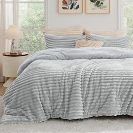 Bedsure Fluffy Comforter Set Queen - Super Soft Faux Fur Bed Set Light Grey, Winter Warm Plush Fleece Bedding, 3 Pieces, 1 Shaggy Fuzzy Queen Size Comforter with 2 Pillowcases