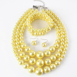 KOSMOS-LI 3 Layer Simulated Yellow Pearl Statement 18" Necklace Bracelet and Earrings Women Jewelry Sets