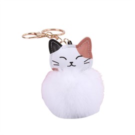 COLORFUL BLING Cute Fluffy Cat Keyring Multicolor Fluffy Ball Cat Keyring Faux Fur Ball Pom Pom Key Chain Bag Decoration-White
