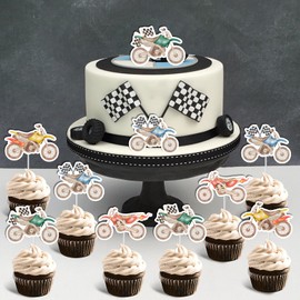 Jollboom 24Pcs Dirt Bike Cupcake Toppers Boys, Motorcycle Birthday Decorations Double-sided Printing Cupcake Topper for Dirt Bike Motorcycle Motocross Extreme Sports Racing Birthday Baby Shower Party