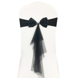 iEventStar 10pcs Ready to Use Spandex Stretch Chair Band with Double Satin Bows & Sashes Chair Sashes Bow for Beach Wedding Party Decoration (10, Black)