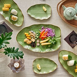 Banana Leaf Plate Large Length 13.4 inches (33.9 cm) Green Ceramic Leaf Plate Platter