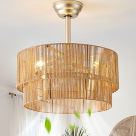 Glmthux 20" Caged Boho Ceiling Fans with Lights, Rattan Fandelier Chandelier Ceiling Fan with Light Remote Control with 6 Speeds for Bedroom, Nursery