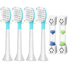 Kids Replacement Toothbrush Head 4 Pack Blue & 3 Minutes Sand Timer (2 Pack) for 7+ Child Soft Brush & 4 Hygienic Cover Compatible with Phillps Kids Toothbrush HX6321, HX6340, HX6032 Blue
