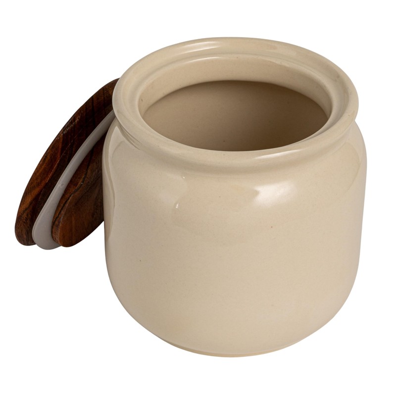 Creative Co-Op, Ivory Stoneware Canister with Acacia Wood Lid, Color