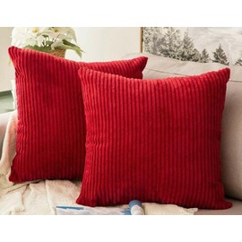 Seechoo Corduroy Cushion Covers, Set of 2, 45 x 45 cm, Striped, with Invisible Zipper, 18 x 18 Inch (Red)