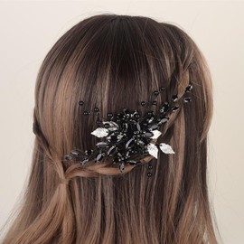Aimimier Bridal Black Crystal Hair Comb Black Beads Silver Leaf Hair Side Comb Flower Rhinestone Marquise Hair Piece Wedding Hair Accessories for Women and Girls (Black)