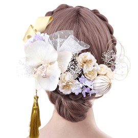 Hair Ornament, Kimono, Flower Set, Champagne, Japanese Hair, Hair Ornament Set, Coming-of-age Ceremony, Shichi-Go-San, After-party, Graduation Ceremony, Fireworks Festival, Front Shooting, Wedding