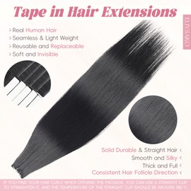 Eliysako Professional Invisible Tape hair human Hair Extensions #1 Jet Black 20inch 50G/20s Human Hair Tape In Extensions Daily Styling Premium Human Hair Extensions Tape In Adhesive Technology