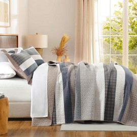 FineStichery 100% Cotton Queen Quilt Set - 3 Piece Farmhouse Striped Bedding, Reversible Lightweight Quilted Bedspread, Breathable Thin Comforter, All Season, Brown/Beige