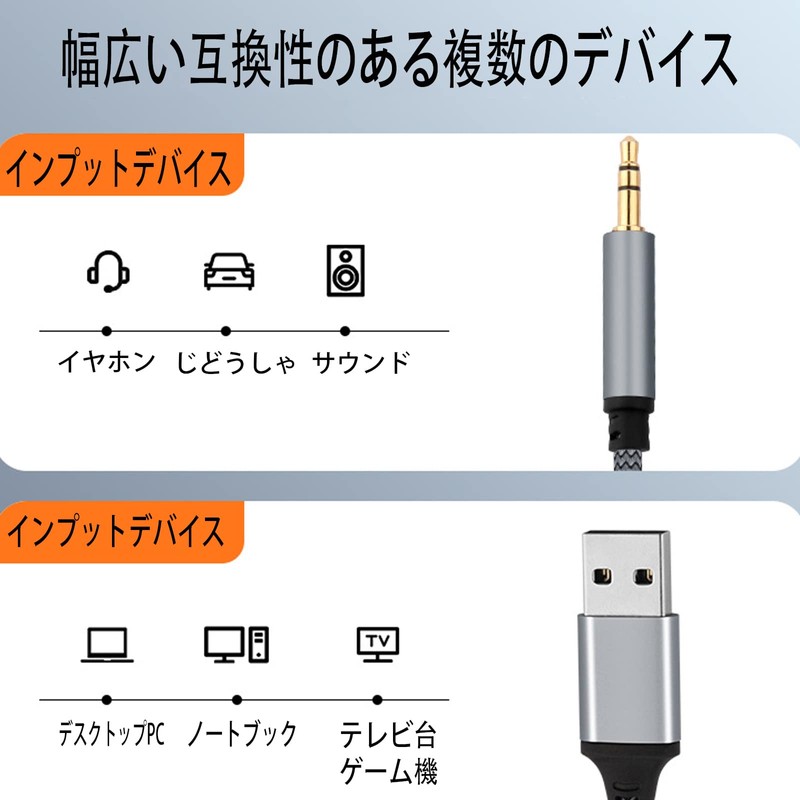 3.5mm to USBステレオケーブルは無酸素銅芯線と高級DACデジタルオーディオチップを採用しており、音質伝送損失を効果的に低減し、より良い信号と音質を提供します。 最高のリスニング体験をお楽しみください。（1M）