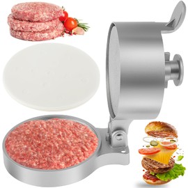 Burger Press with 100 Patty Paper Adjustable Thickness Hamburger Press Patty Maker Non-Stick Hamburger Patty Maker Mold Food Grade Aluminum Alloy Burger Press Patty Maker for Grilling and Cooking(A)
